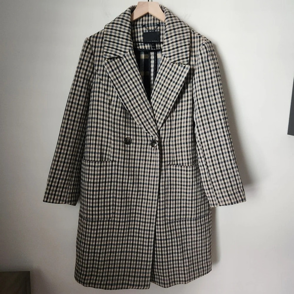 Banana Republic | Italian Double Faced Top Coat Camel/Black Plaid - Sz L Petite - Picture 4 of 15
